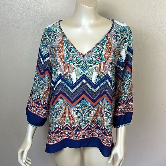 Renee C. No iron Large Paisley Chevron V-Neck 3/4 Sleeve Vibrant Boho Blouse top - Picture 11 of 11